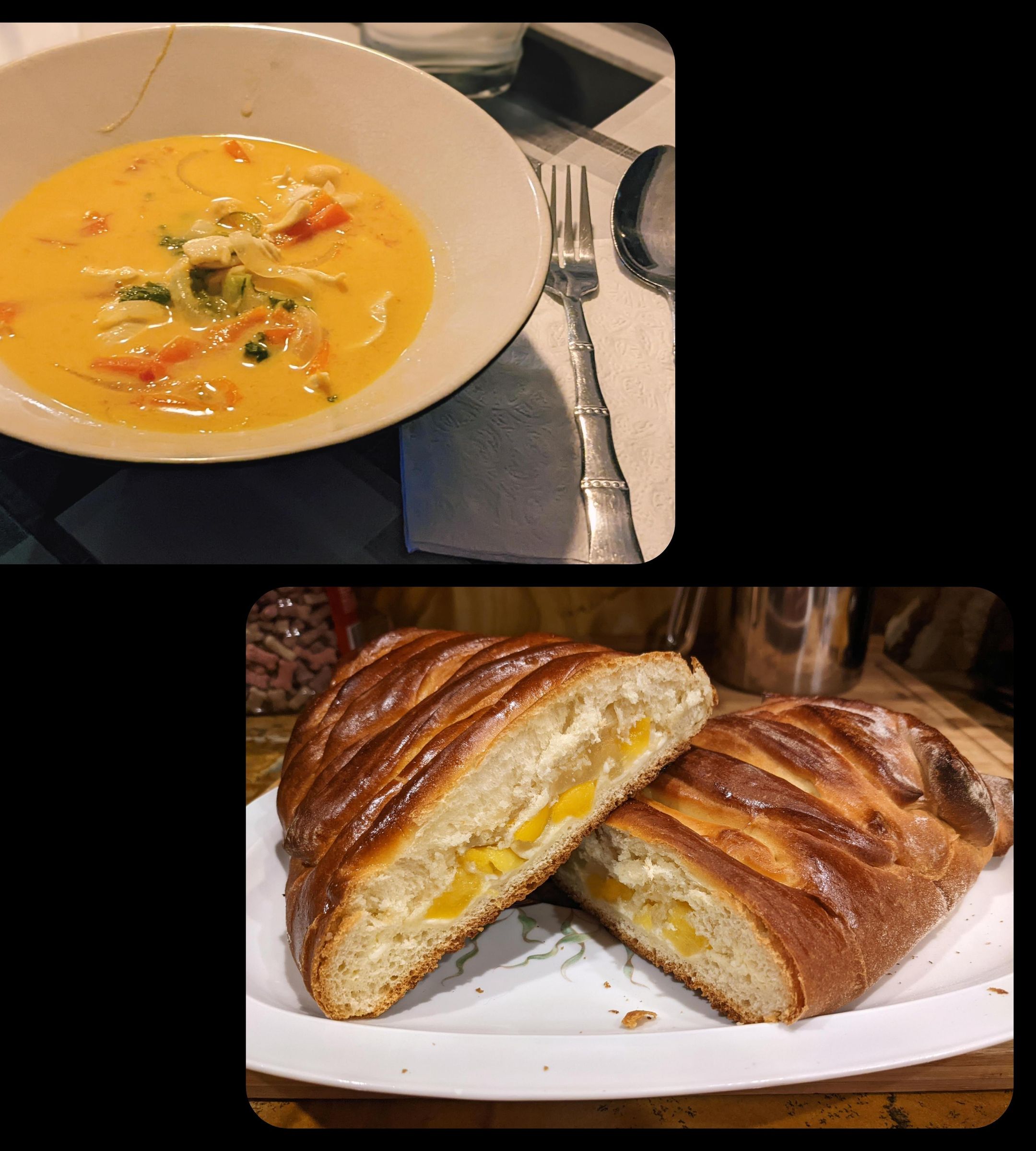Chicken Coconut Curry Soup With a Peach and Cream Cheese Stuffed Bread