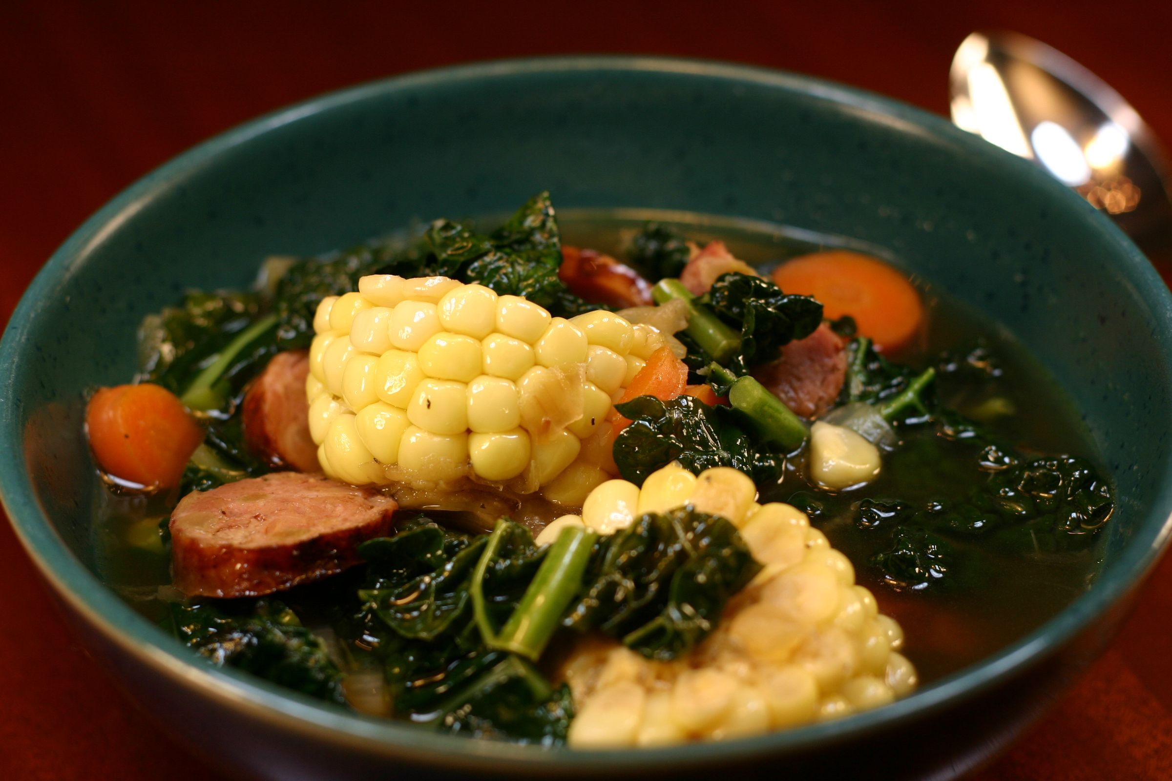 Corn, Carrot, Kale, and Sausage Soup
