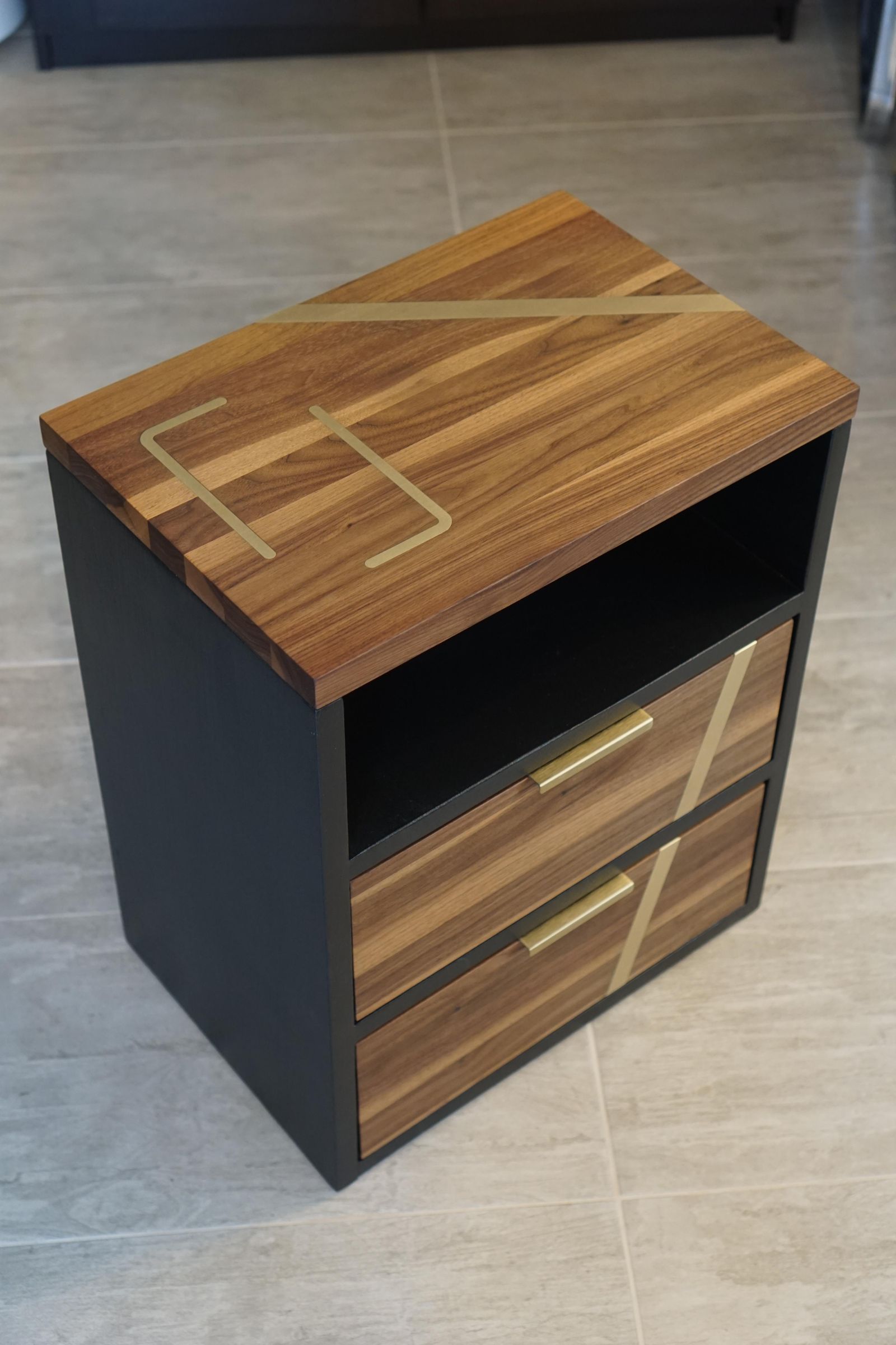 Walnut + Brass Nightstand With Integrated Wireless Charger