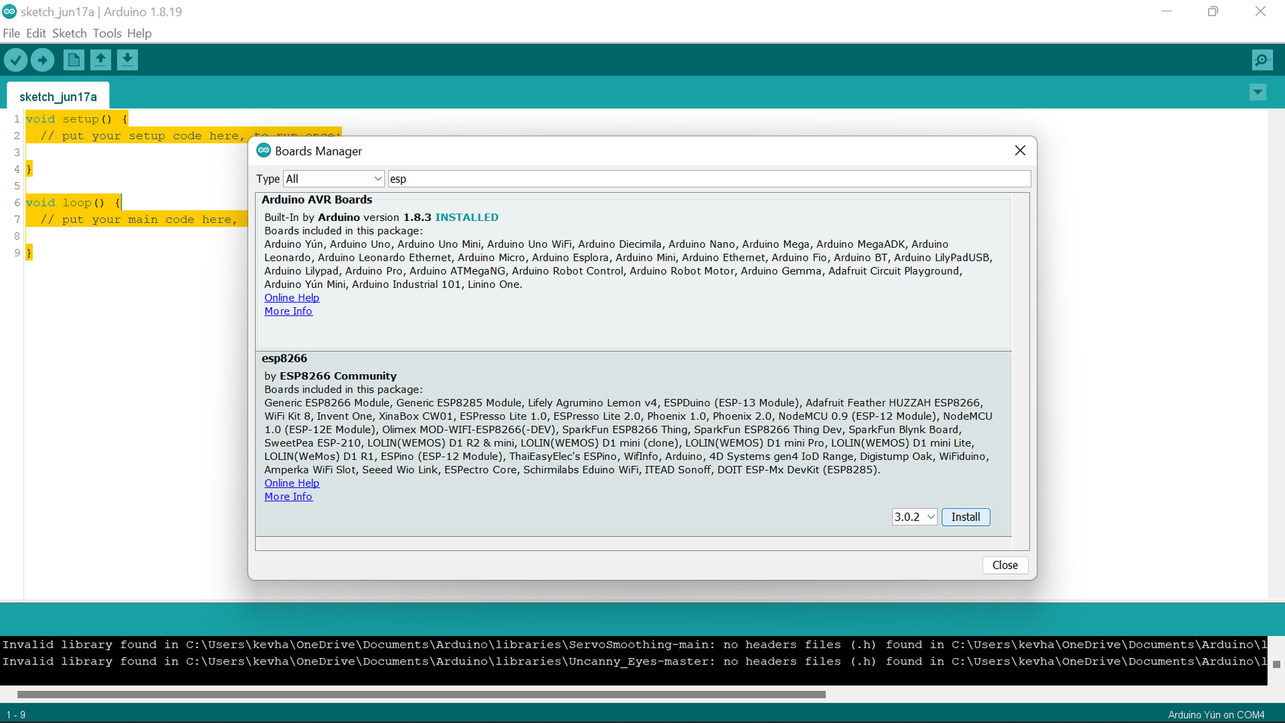 Adding the Esp Boards in Board Manager.