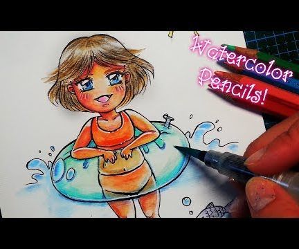 How to Draw Chibi Summer Girl - Watercolor Pencils Tutorial