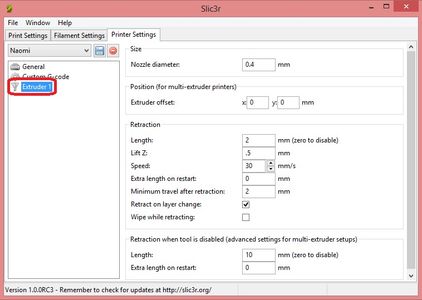 Slicer Config > Printer Settings > Extruder 1