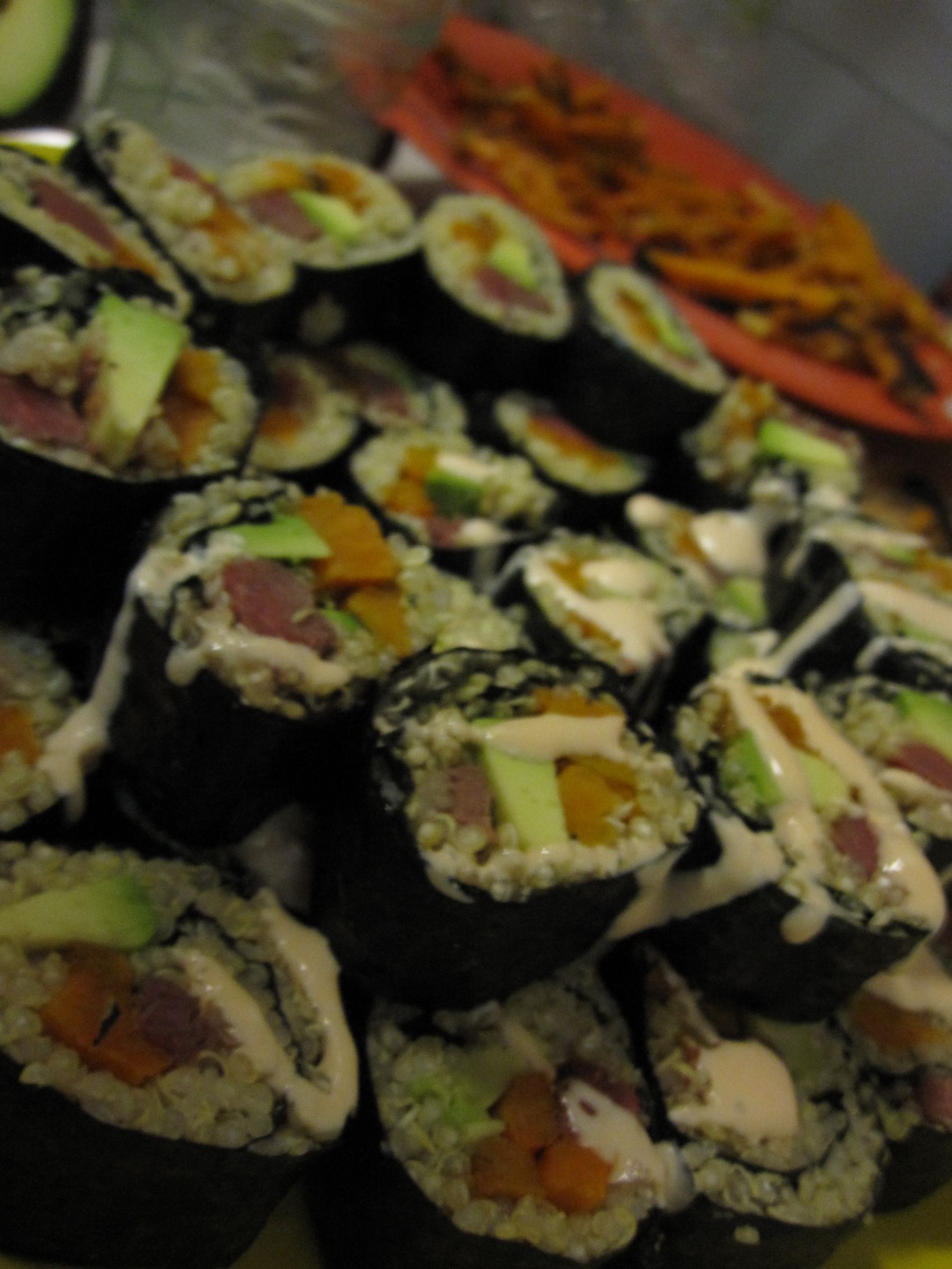 Quinoa Sweet Potato Avocado + Ostrich Sushi.