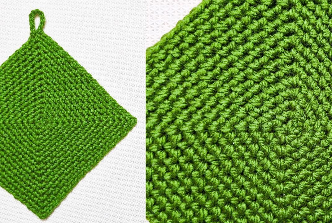 Super Easy Crochet Square Potholder in the Rounds With Moss Stitch