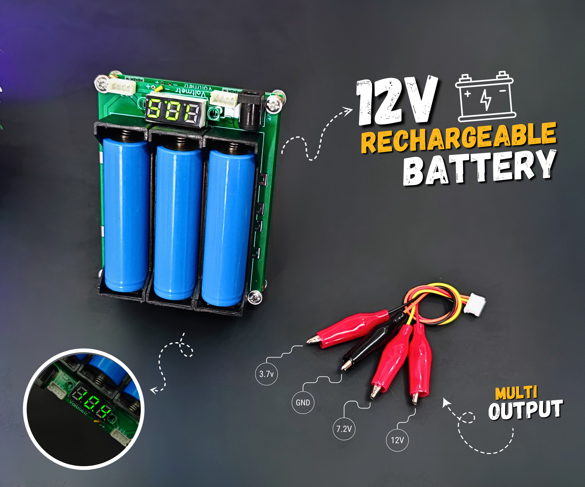 DIY 12V Lithium-Ion Battery Pack | Multi-Voltage Output | Battery Holder + Voltmeter