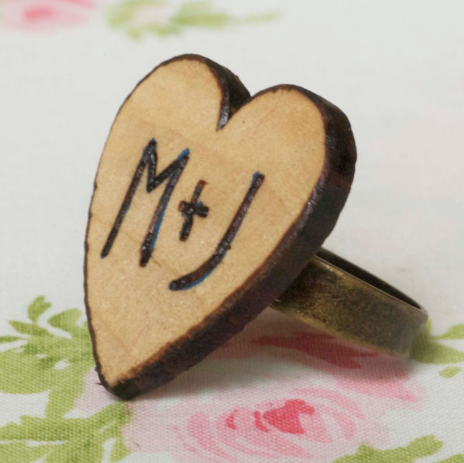 Woodburned Heart Rings