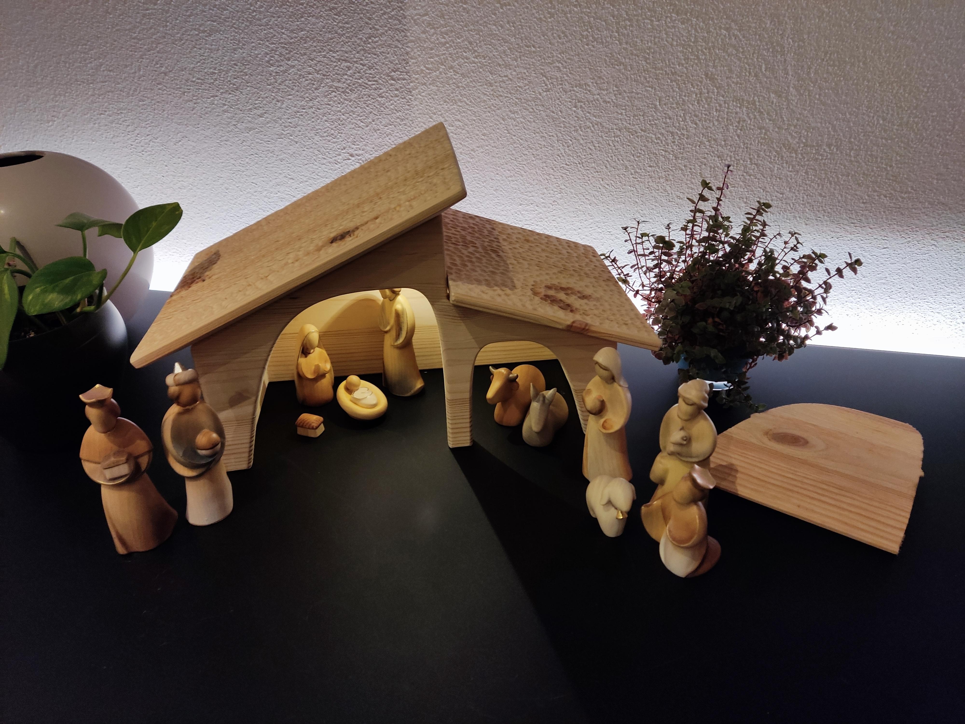 Modern Nativity Scene Crib Out of a Single Glued Board