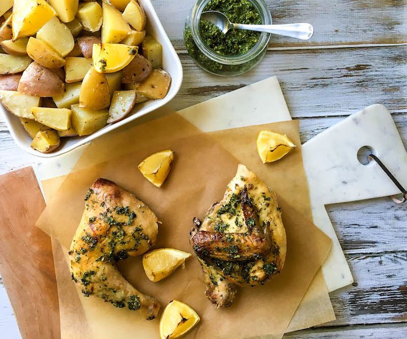 Roasted Chicken and Potatoes With Green Herb Sauce