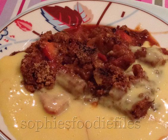 Strawberry Rhubarb Crumble Served With Hot Devon Custard