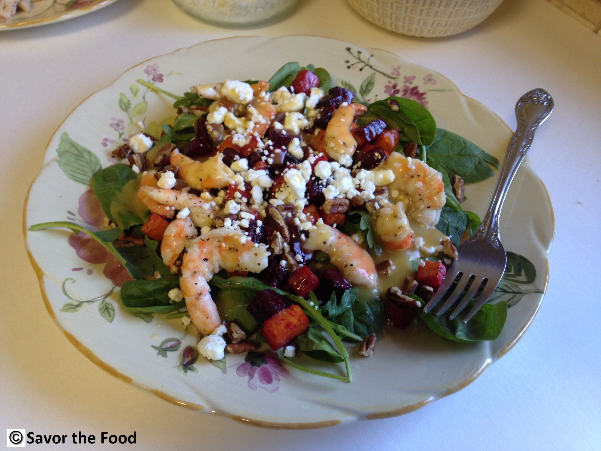Roasted Beet, Sweet Potato, Mixed Greens and Shrimp Salad