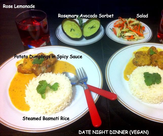Potato Heart Dumplings in Spicy Curry, Steamed Basmati Rice, Salad and Rosemary Avocado Sorbet - Vegetarian Date Night Dinner
