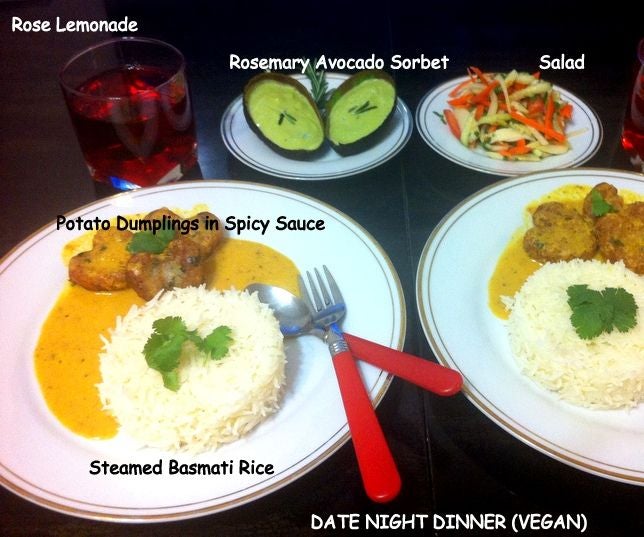 Potato Heart Dumplings in Spicy Curry, Steamed Basmati Rice, Salad and ...