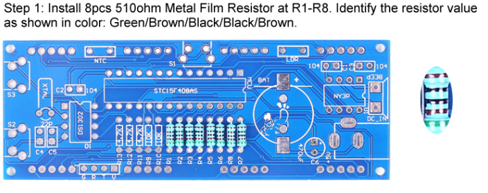 Install 8pcs 510ohm Metal Film Resistor at R1-R8