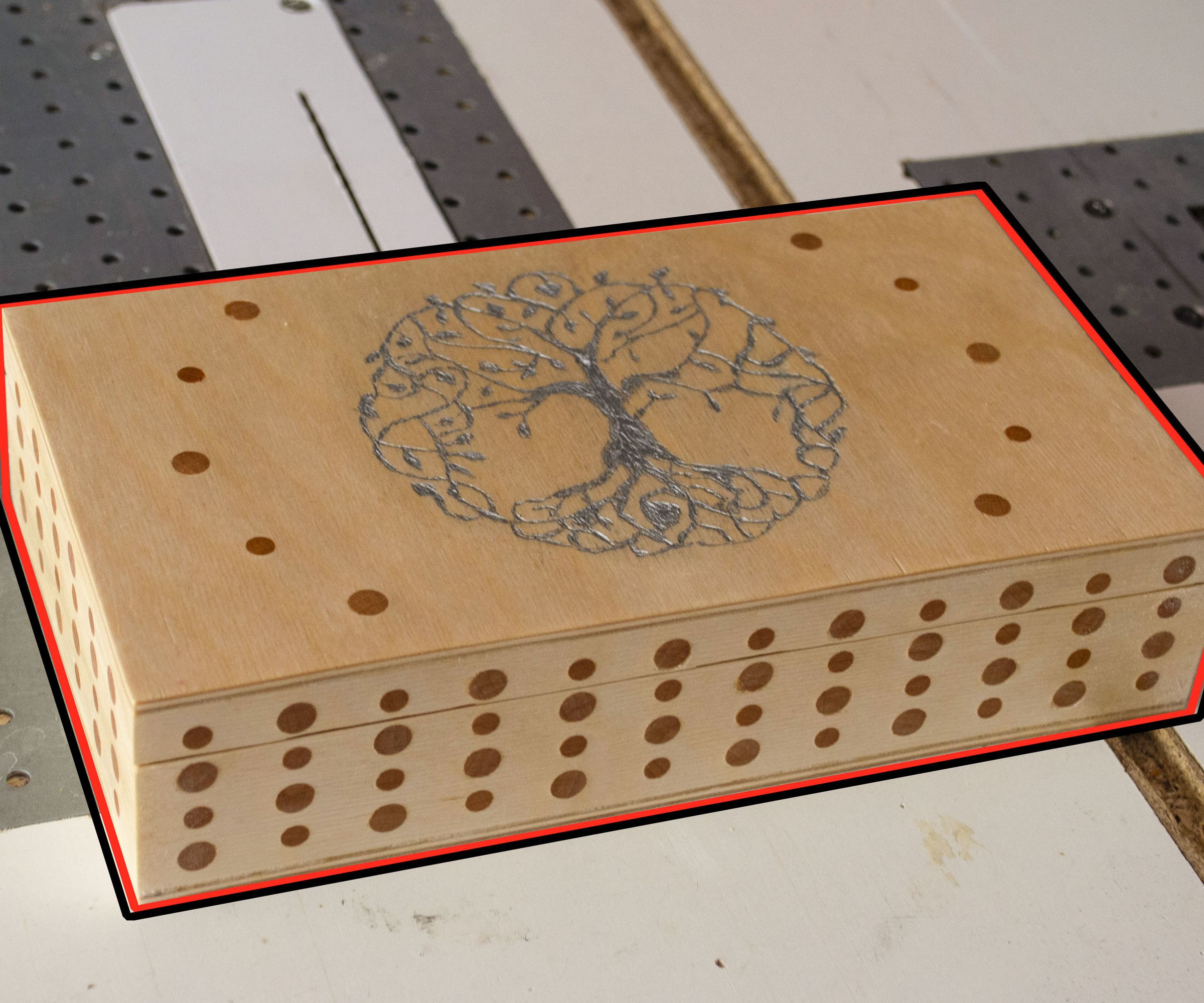 Dotted Wooden Box With Tree of Life Symbol