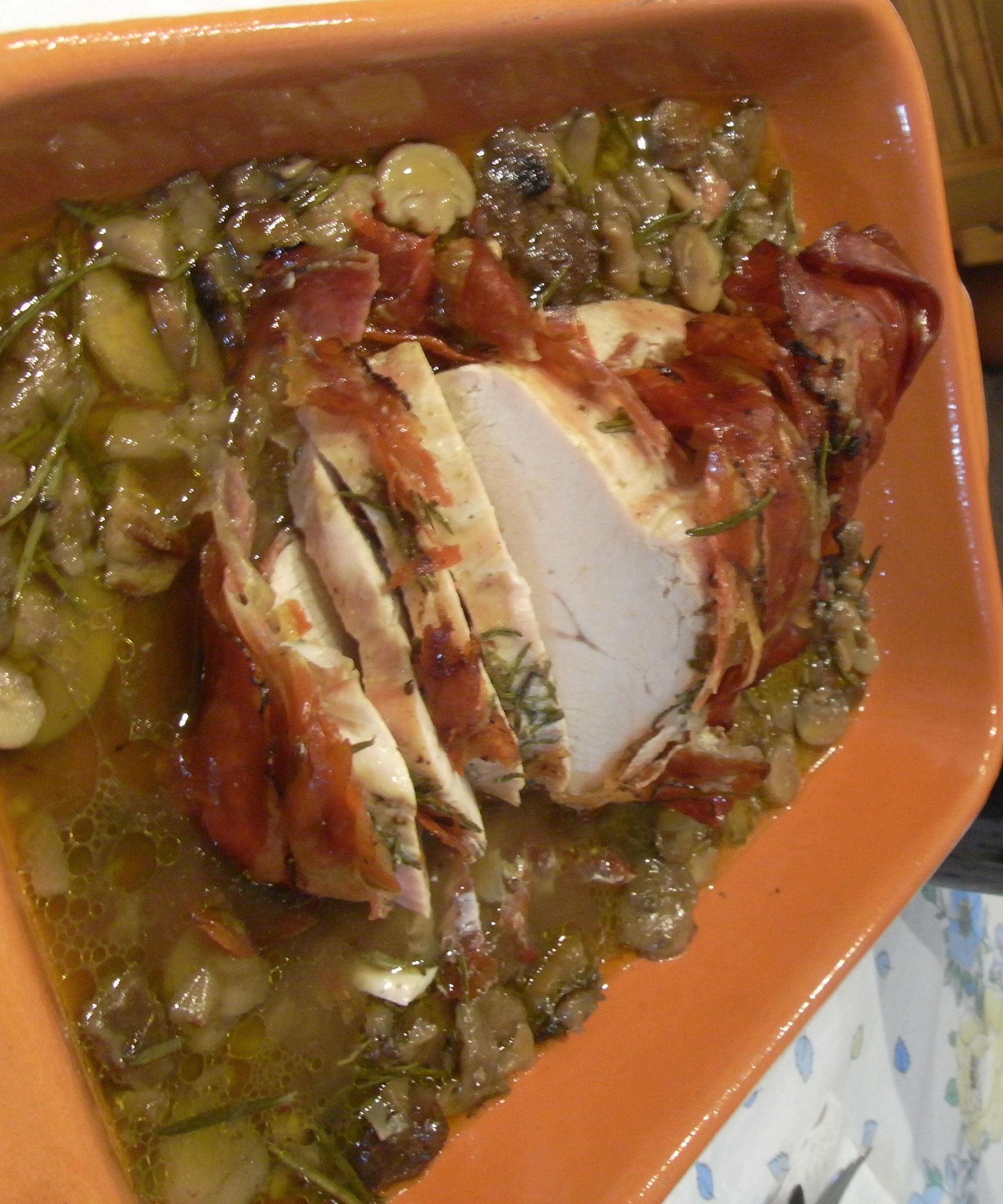 Speck Wrapped Roast of Turkey Breast With Mushrooms
