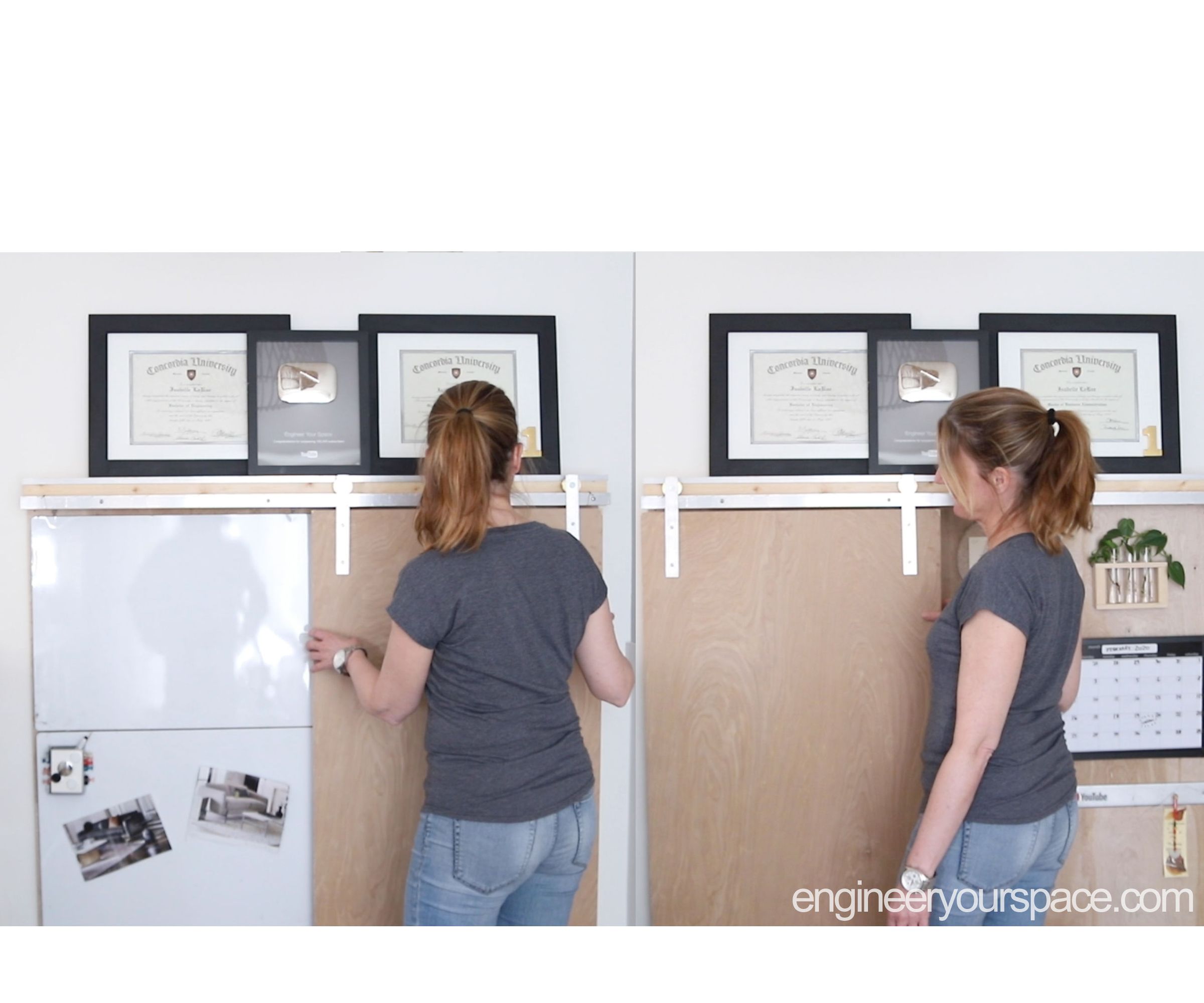 Hidden Home Office Whiteboard With DIY Barn Door Hardware