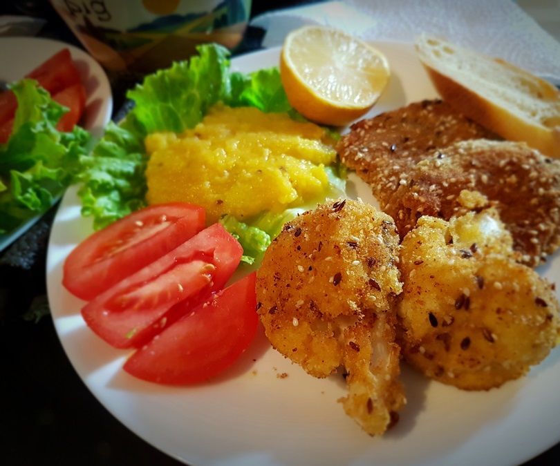 Vegan Recipe - Fried Cauliflower and Soy With Mashed Pumpkins