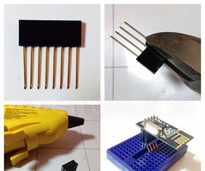A simple hack to adapt an 8 pin male dual row header to a breadboard.