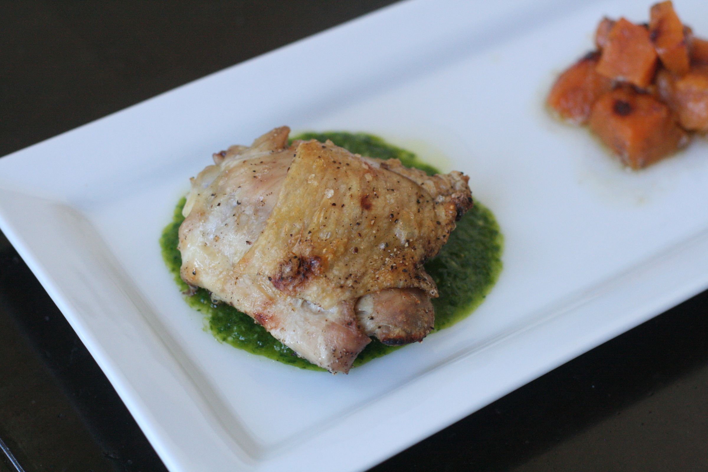 Roasted Chicken Thighs With Cilantro Sauce and Butternut Squash
