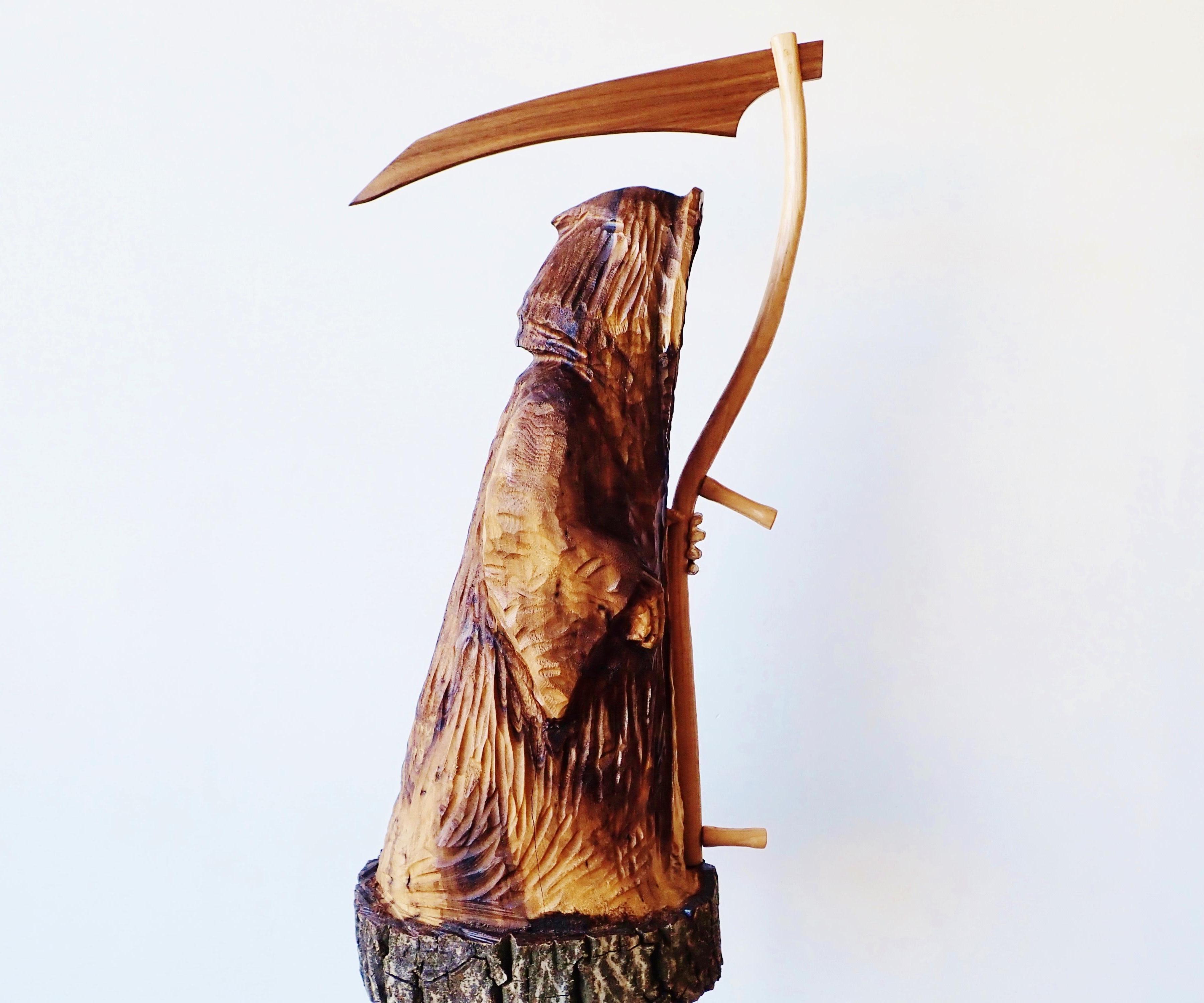 Grim Reaper Carved From a Walnut Log