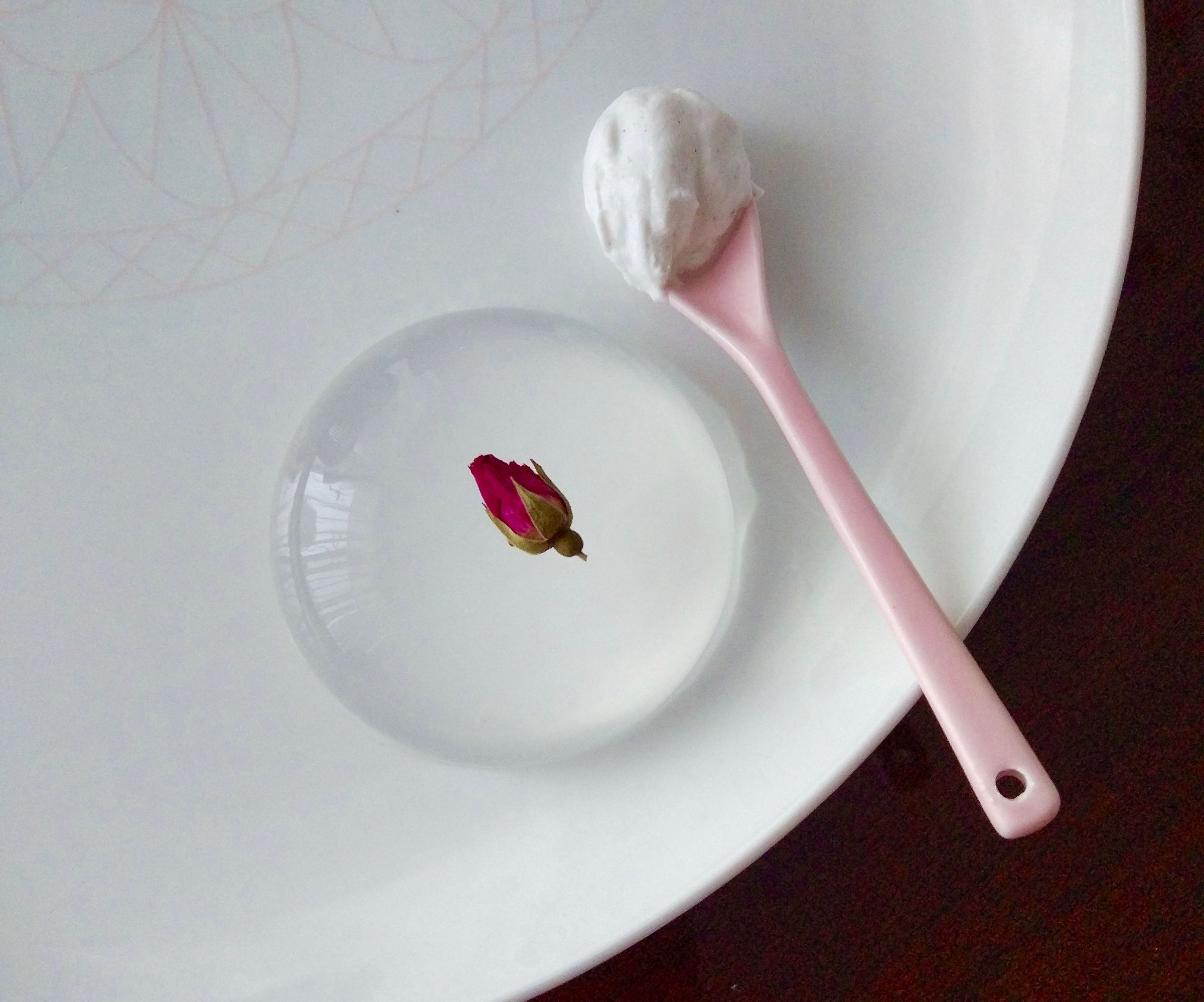 Rose Water Raindrop Cake With Cardamom Coconut Whipped Cream
