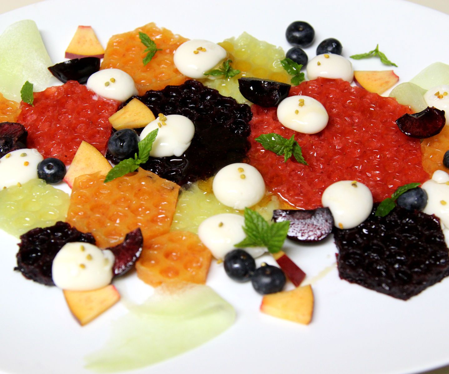 Honeycomb Fruit Gel & Yogurt Spheres