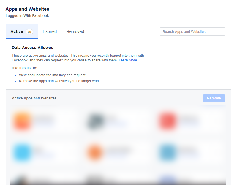Facebook Apps and Websites Settings