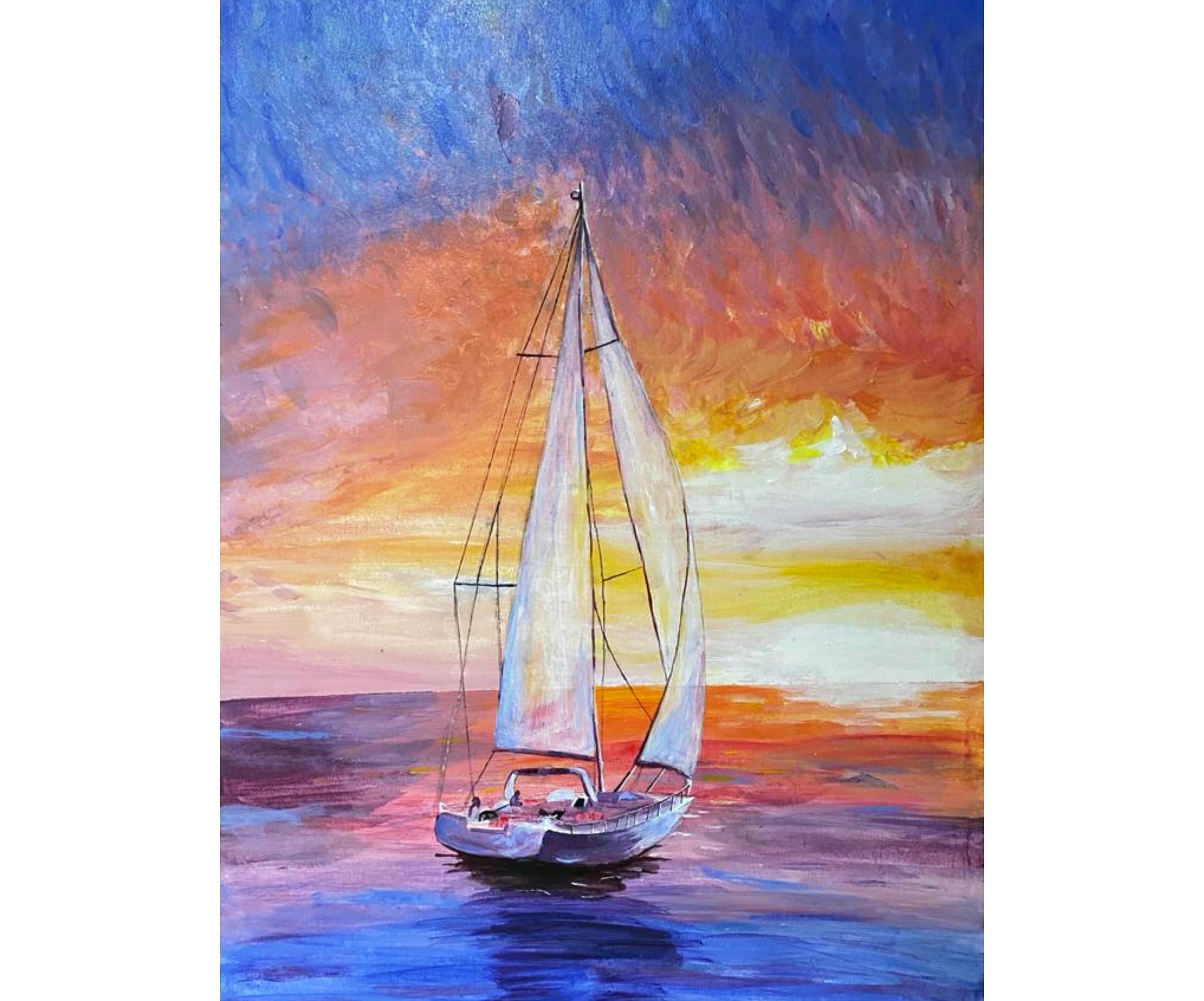 Sunset Sailing Drawing With Rainbow Colors