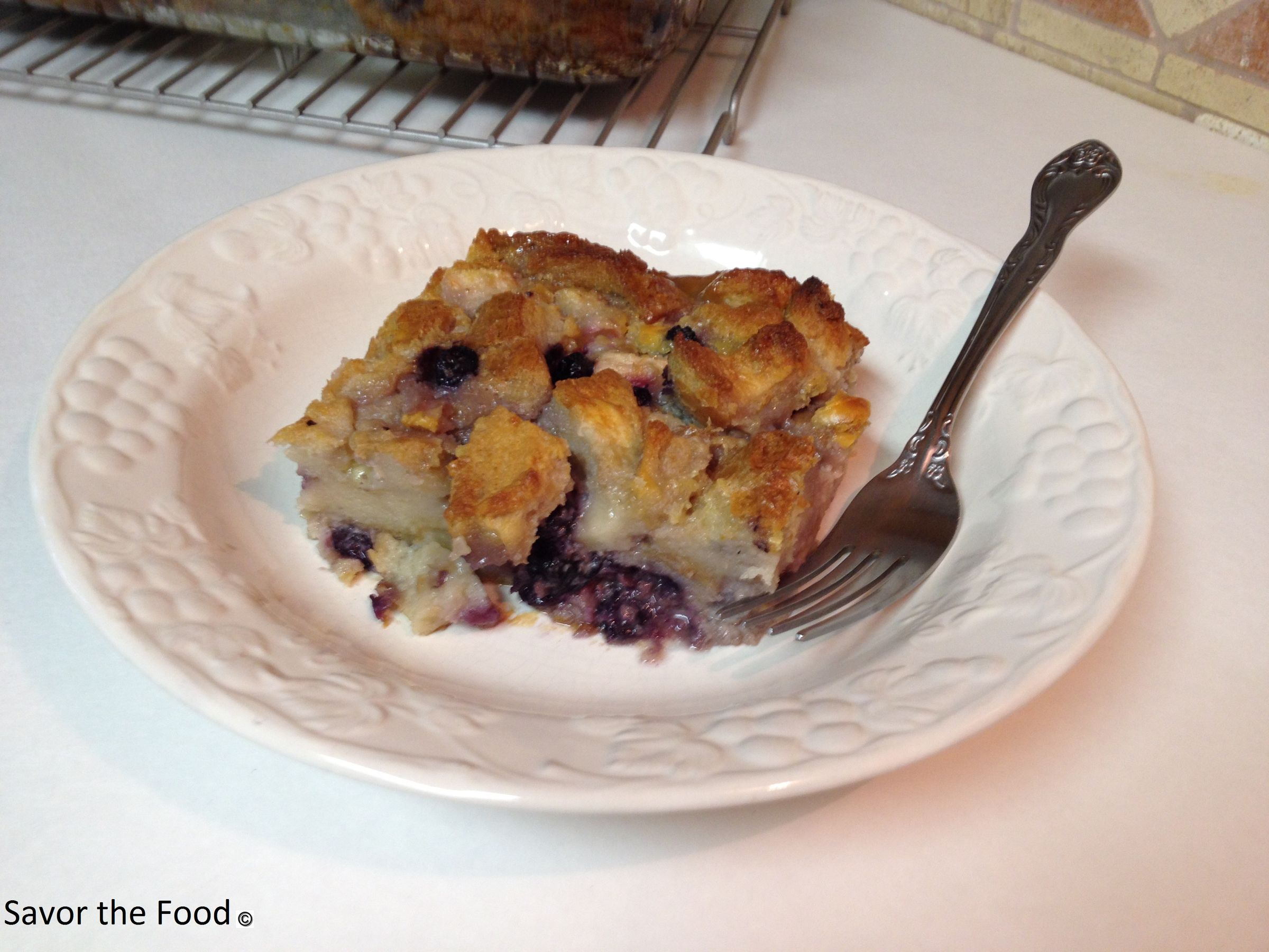 Blueberry Pear and White Chocolate Bread Puding