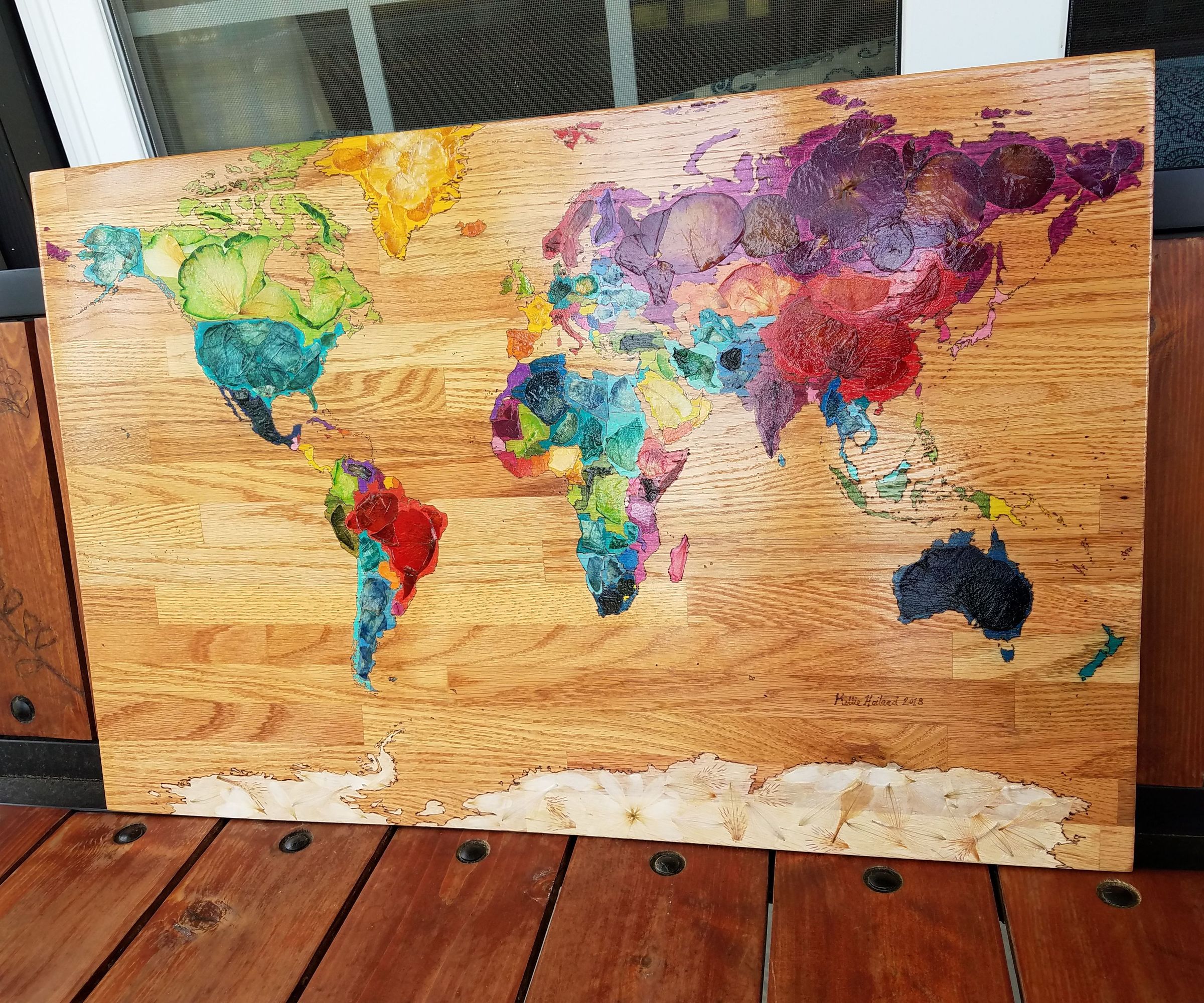 Dried Flower Petal Wood Burned World Map