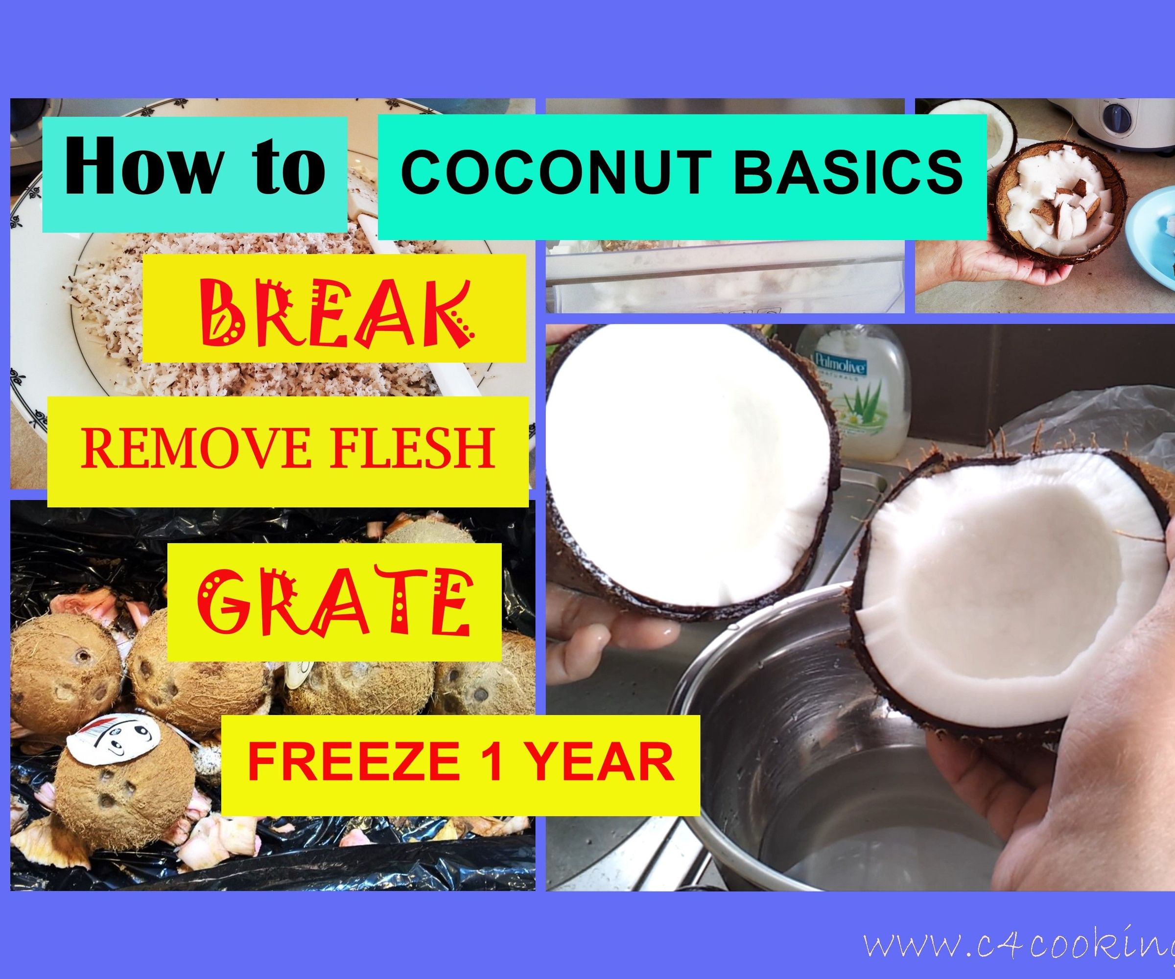 COCONUT BASICS - How to ( BREAK / REMOVE COCONUT MEAT / GRATE / FREEZE Upto 1 YEAR ! )
