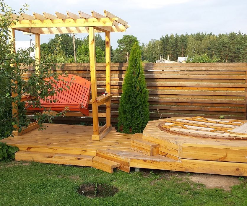 7-in-1 Summer Squeeze: Hot Tub, Deck, Swings, Arbor, Firepit, Birdhouse, Hammock Swing