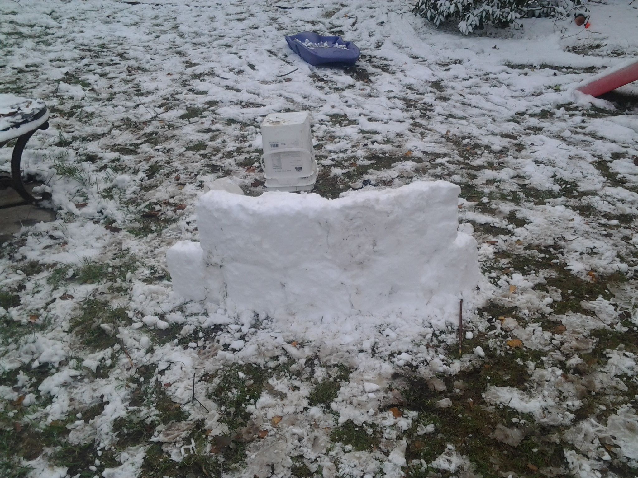 Igloo or snow fort with less then 3 inch's of snow.