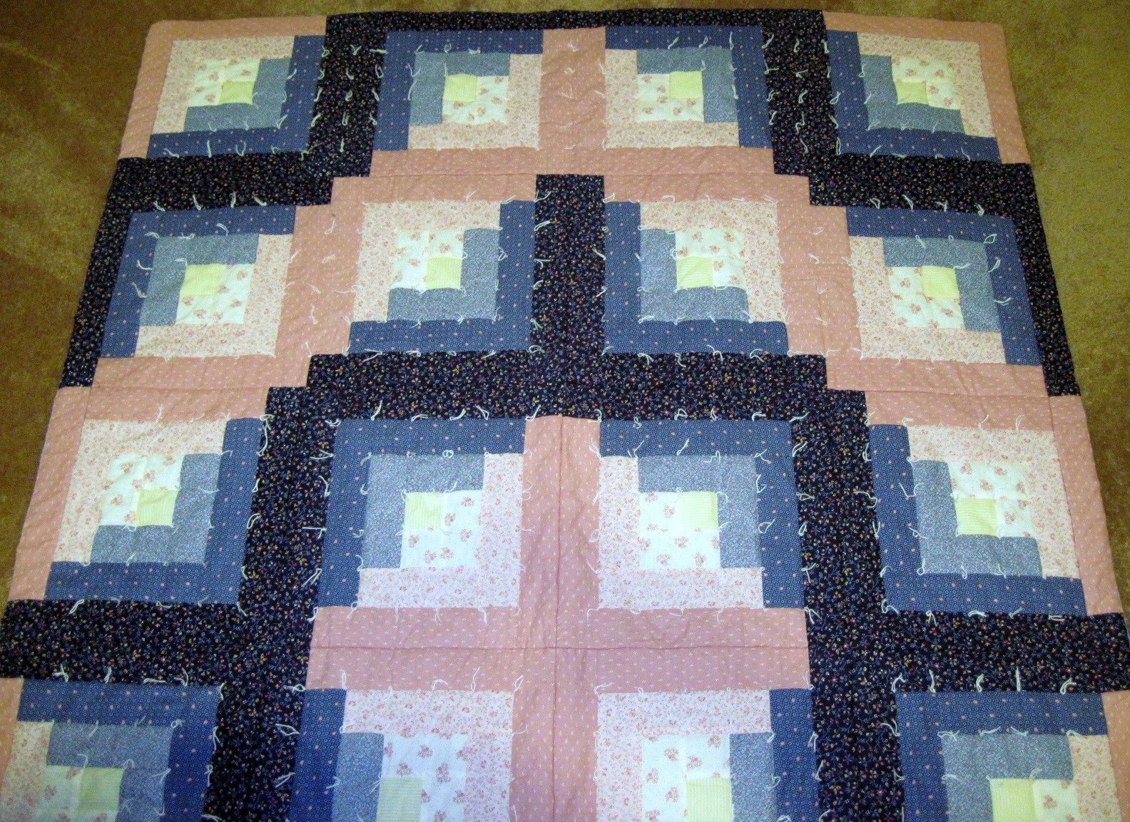 "Pink and Blue Log Cabin" Quilt