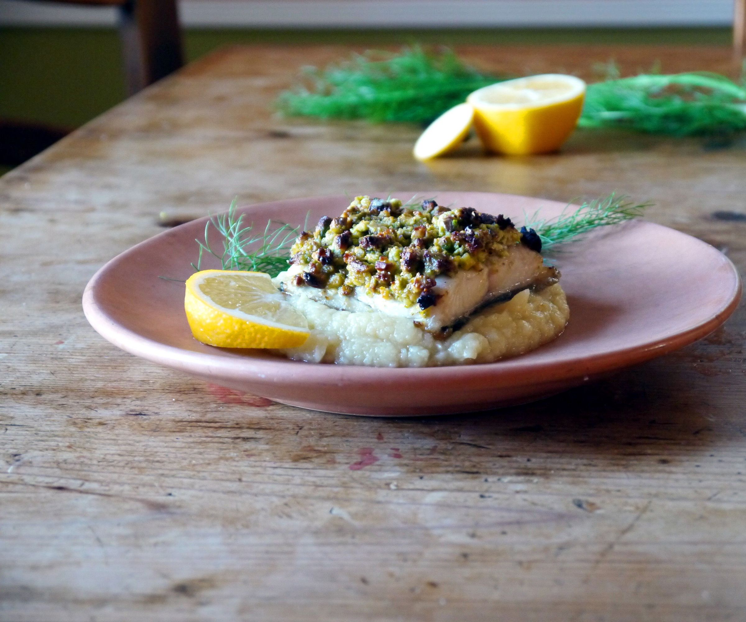 Pistachio Parmesan-Crusted Cod With Parsnip Puree
