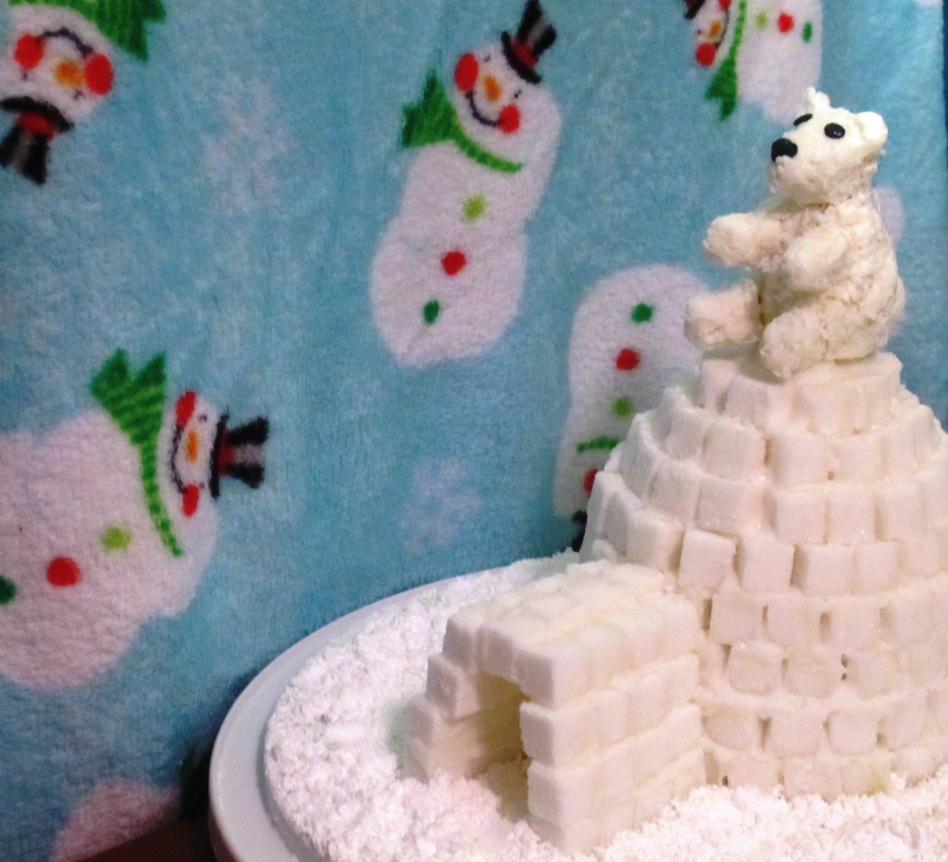 Edible White Chocolate-Coconut Polar Bear on Sugar Cube Igloo Sculpture