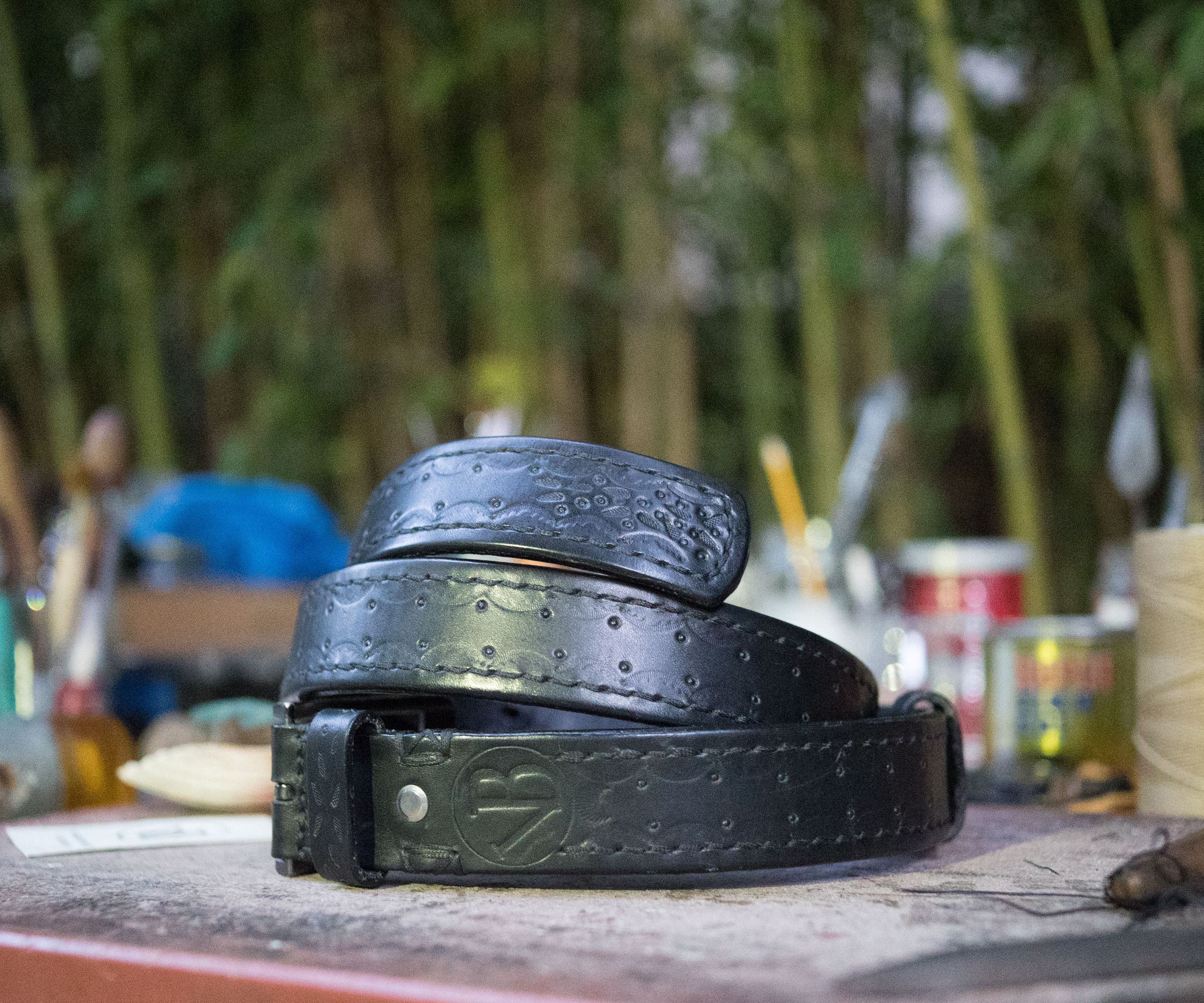 Double Raised Leather Belt With Patterns and Hand Stitched