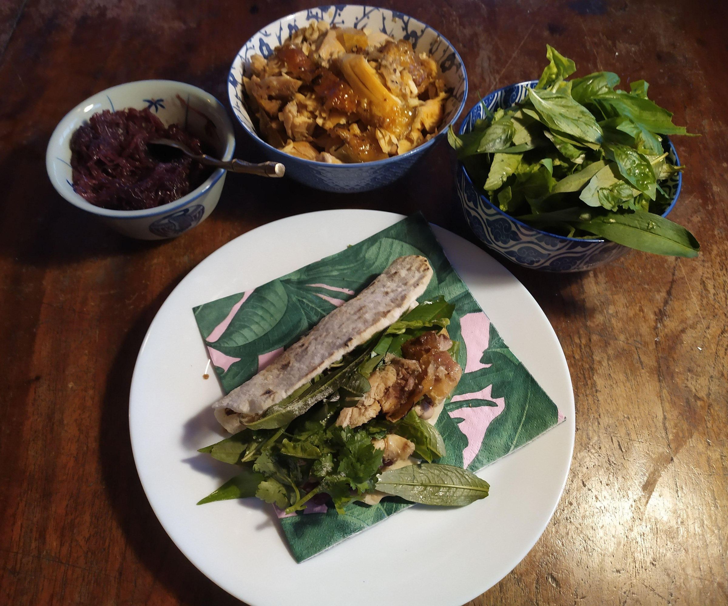Home-made Flat Bread Sandwich With Thai Roast Chicken, Fresh Herb Salad and Caramelized Red Onion