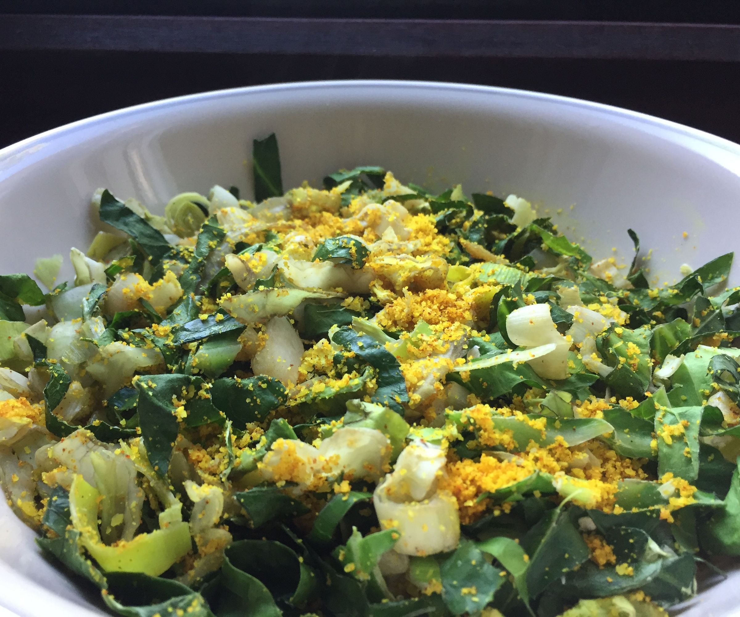 Healthy Cabbage, Leek and Fresh Greens With Turmeric and Coconut.