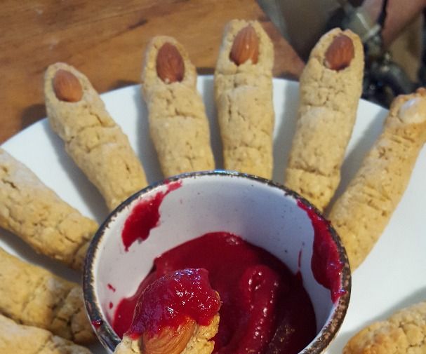Healthy Witch Finger Cookies With Blood Sauce