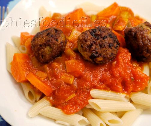 Spiced Chicken Meatballs With Home-made Veggies Sauce on Spelt Penne