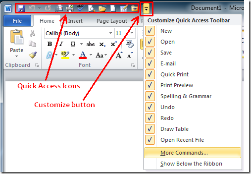 How to Customize Quick Access Toolbar in MS WORD 2007