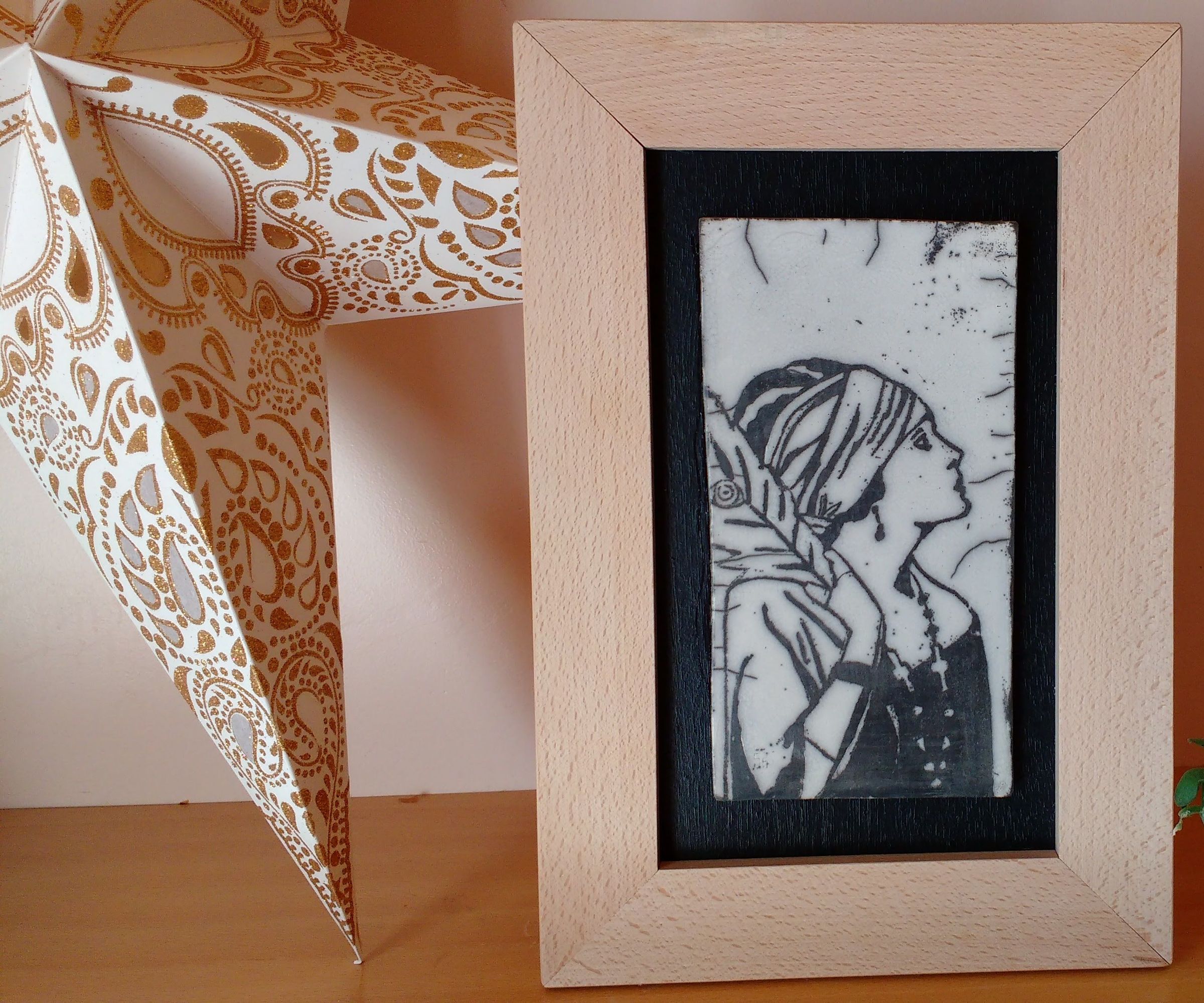 Ceramic Raku Drawing in a Wooden Frame