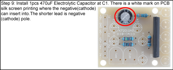 Install 1pcs 470uF Electrolytic Capacitor at C1