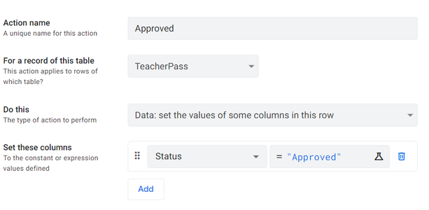 Add Actions "Approved," "Denied," and "Pending."