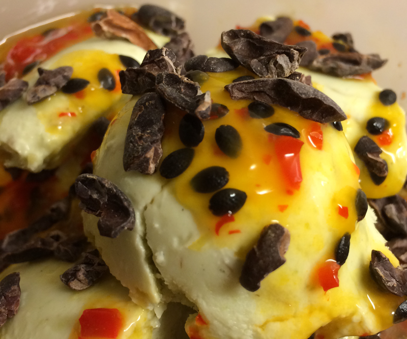 Avocado and Ginger Ice Cream With Chili and Passion Ripple