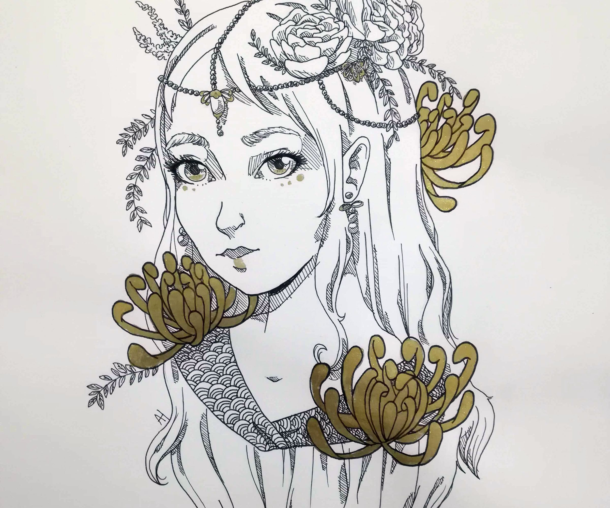 Drawing With Ink Pen and Golden Ink 