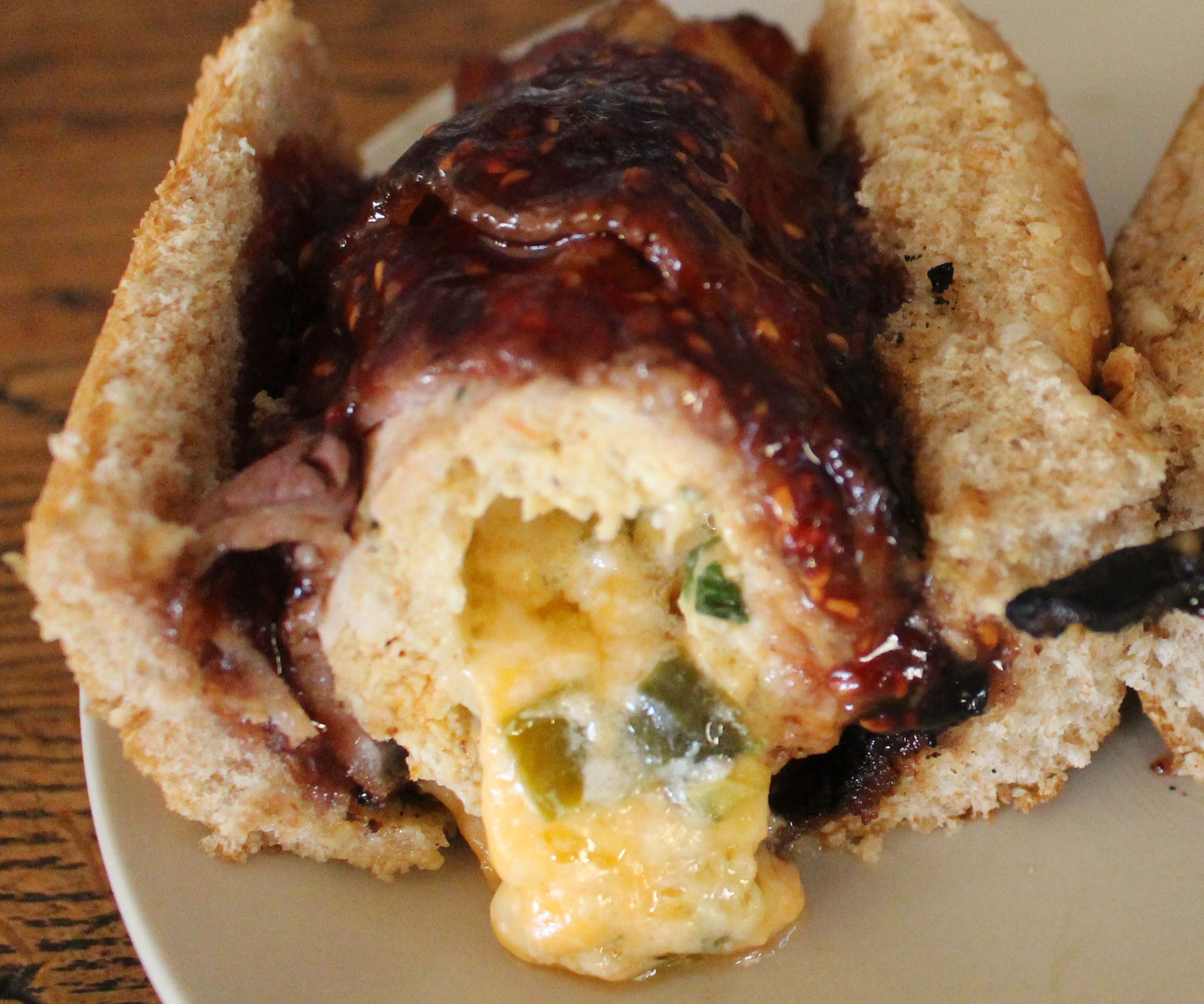 Bacon Wrapped Cheesy Jalapeno Chicken Dogs W/ Raspberry Sauce