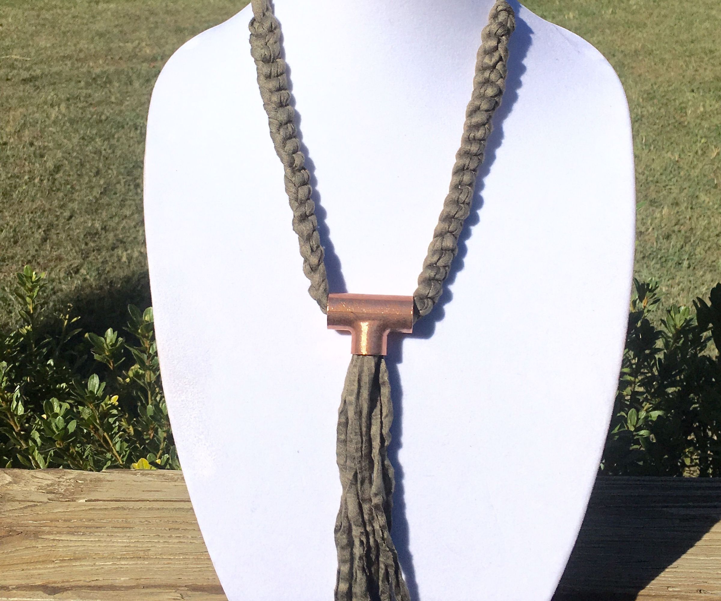 T-shirt Yarn and Copper Plumbing Part Necklace