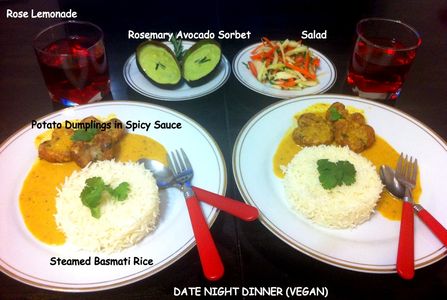 Potato Heart Dumplings in Spicy Curry, Steamed Basmati Rice, Salad and Rosemary Avocado Sorbet - Vegetarian Date Night Dinner